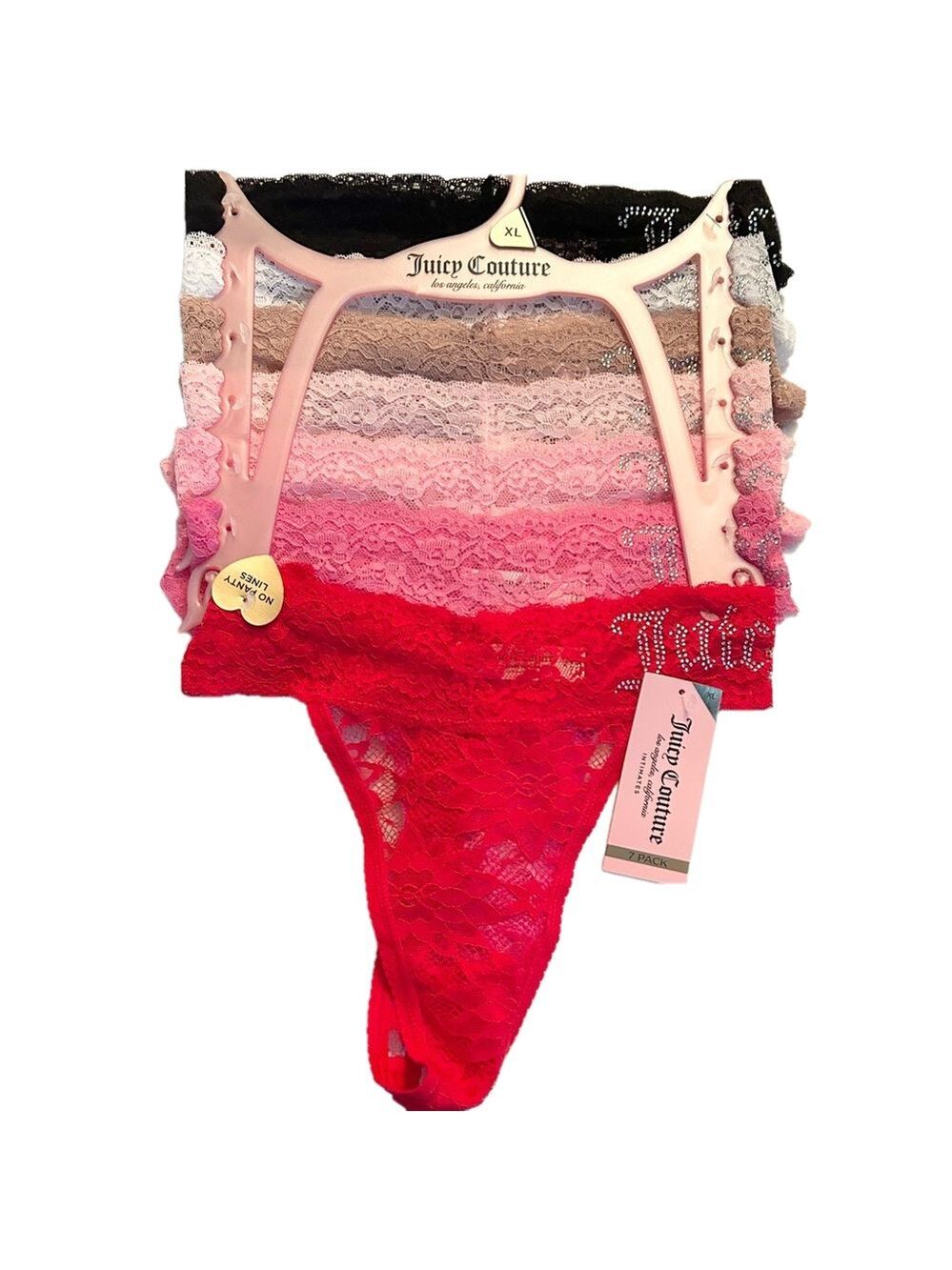 Juicy Couture 7 Pairs of Women’s Lace Thongs Panties Red Pink Black XL NWT